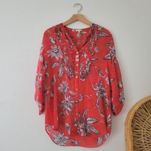 Anthropologie Leifsdottir Floral Button Down Blouse Red 2 Black White